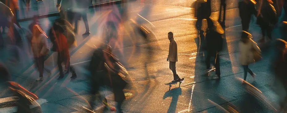 People crossing a city street at golden hour