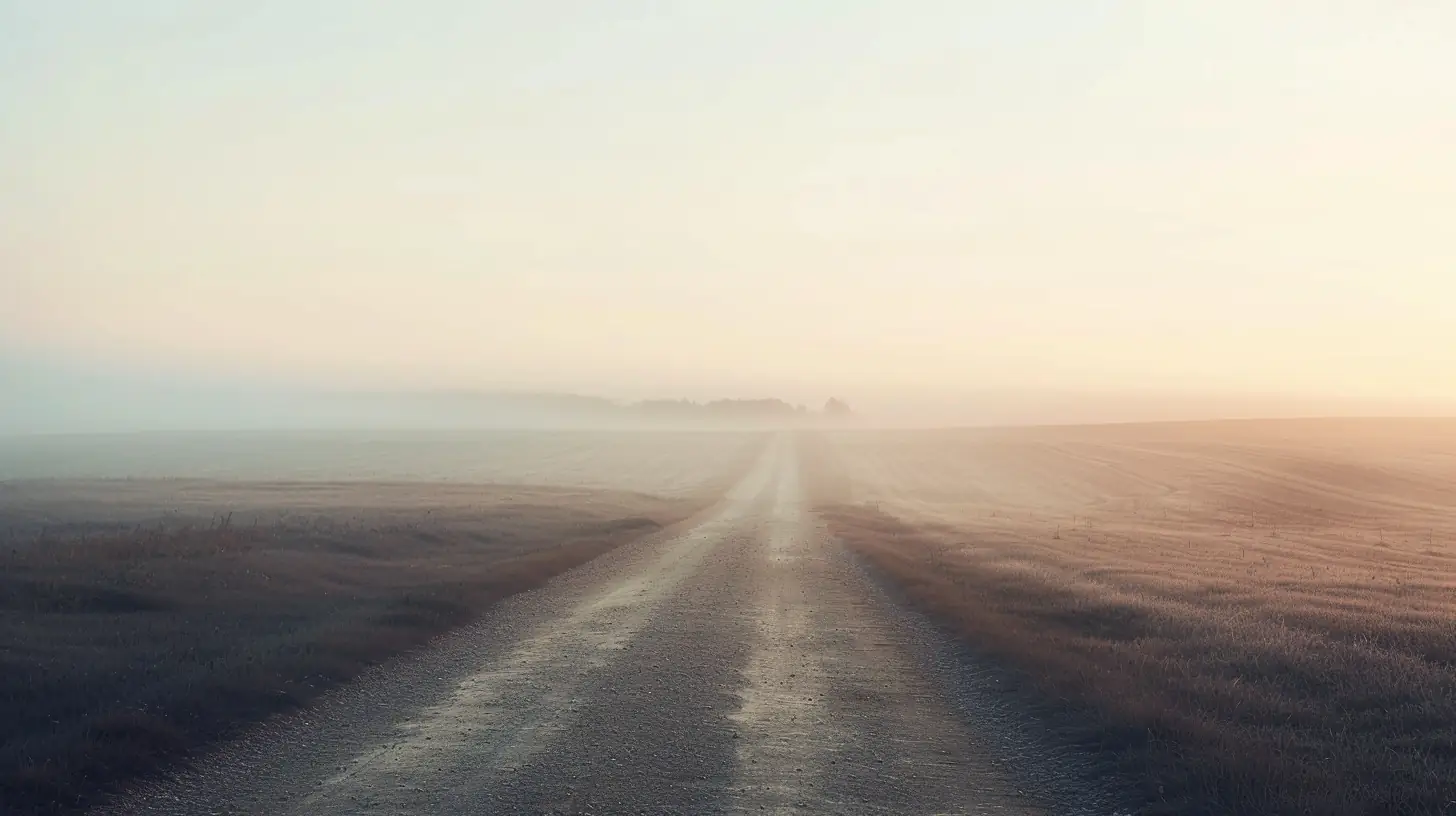 Misty road stretching through open fields