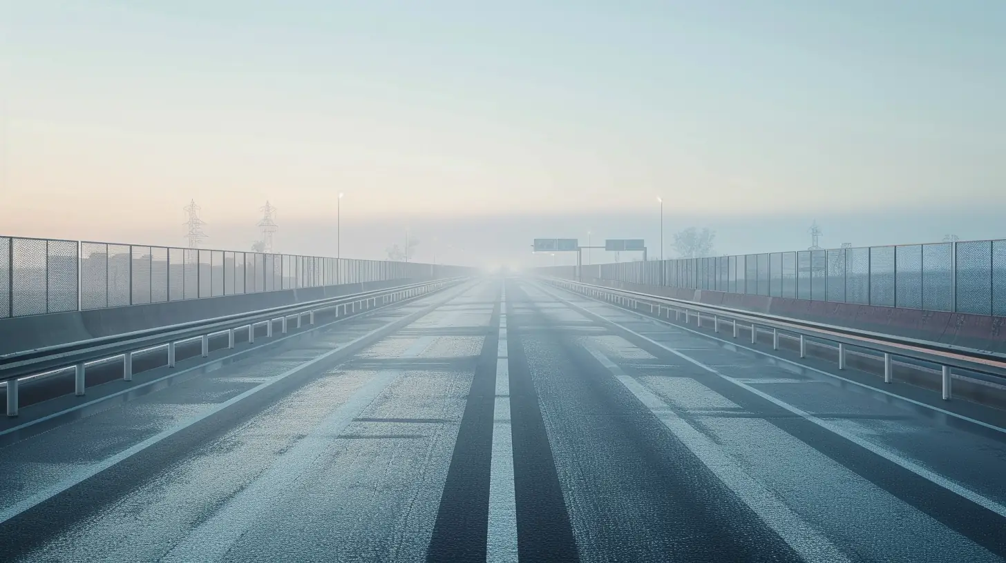 Empty highway lanes fading into fog